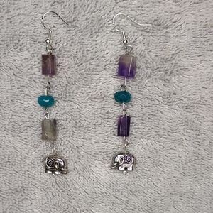 Silver and Purple Elephant Dangle Earrings